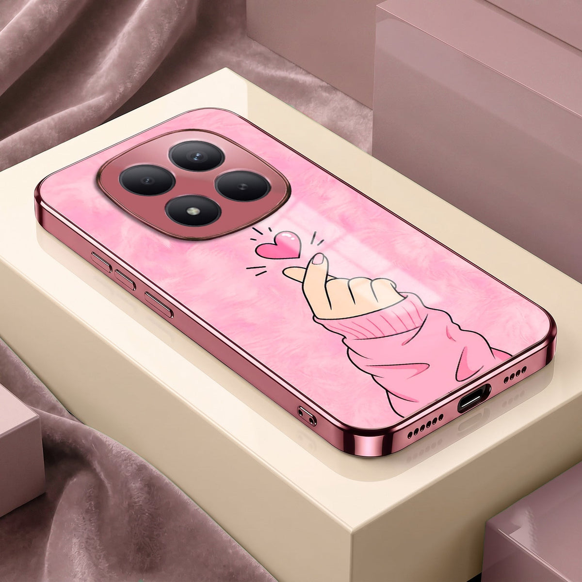 Redmi Note 15 Pro+ 5G Luxury Heart Pink Electroplated Glass Phone Back Case