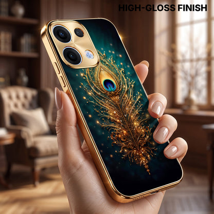 Oppo Reno 13 5G Golden Peacock Feather Gold Electroplated Glass Phone Back Case