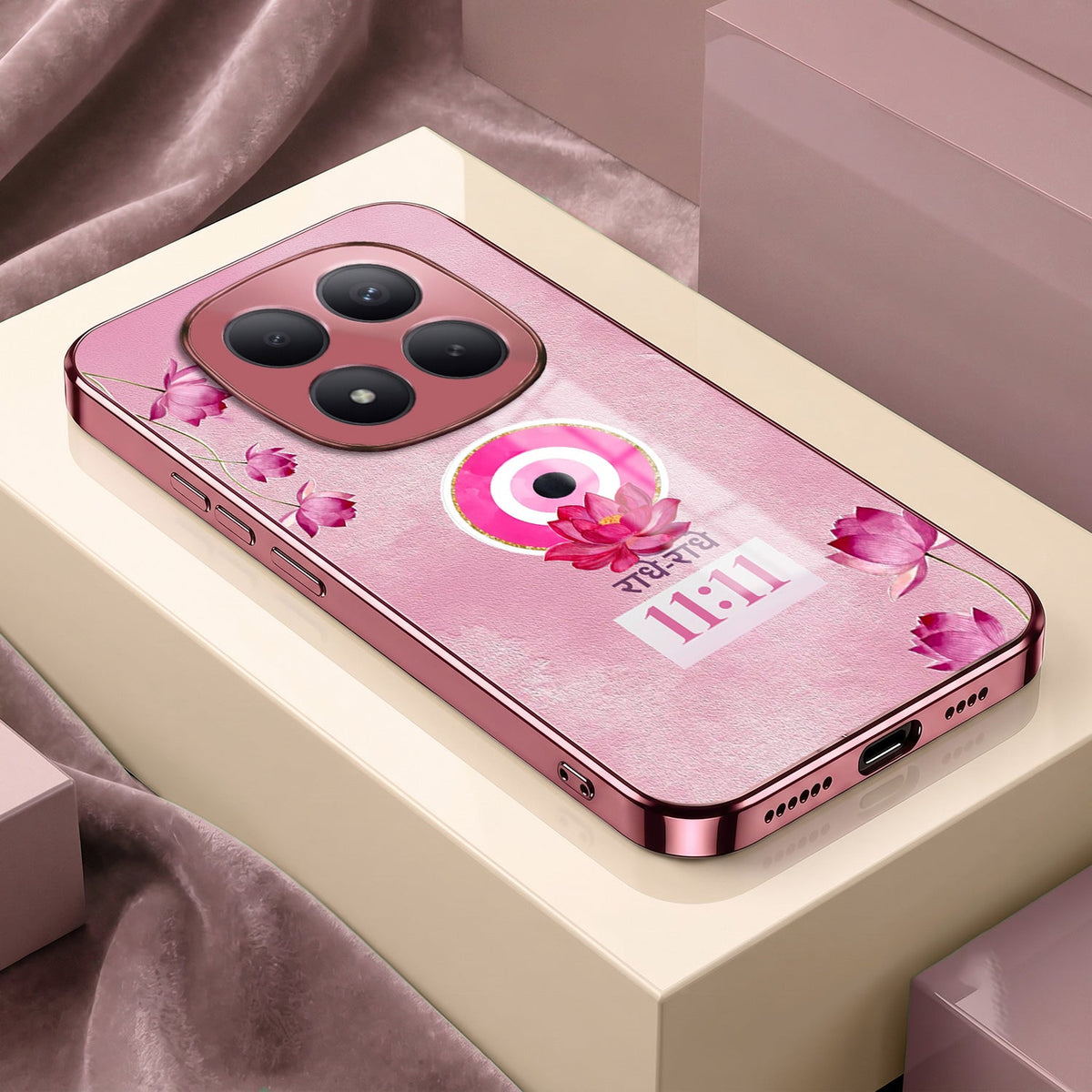 Redmi Note 15 Pro+ 5G Luxury Radhe Radhe 11:11 Pink Electroplated Glass Phone Back Case