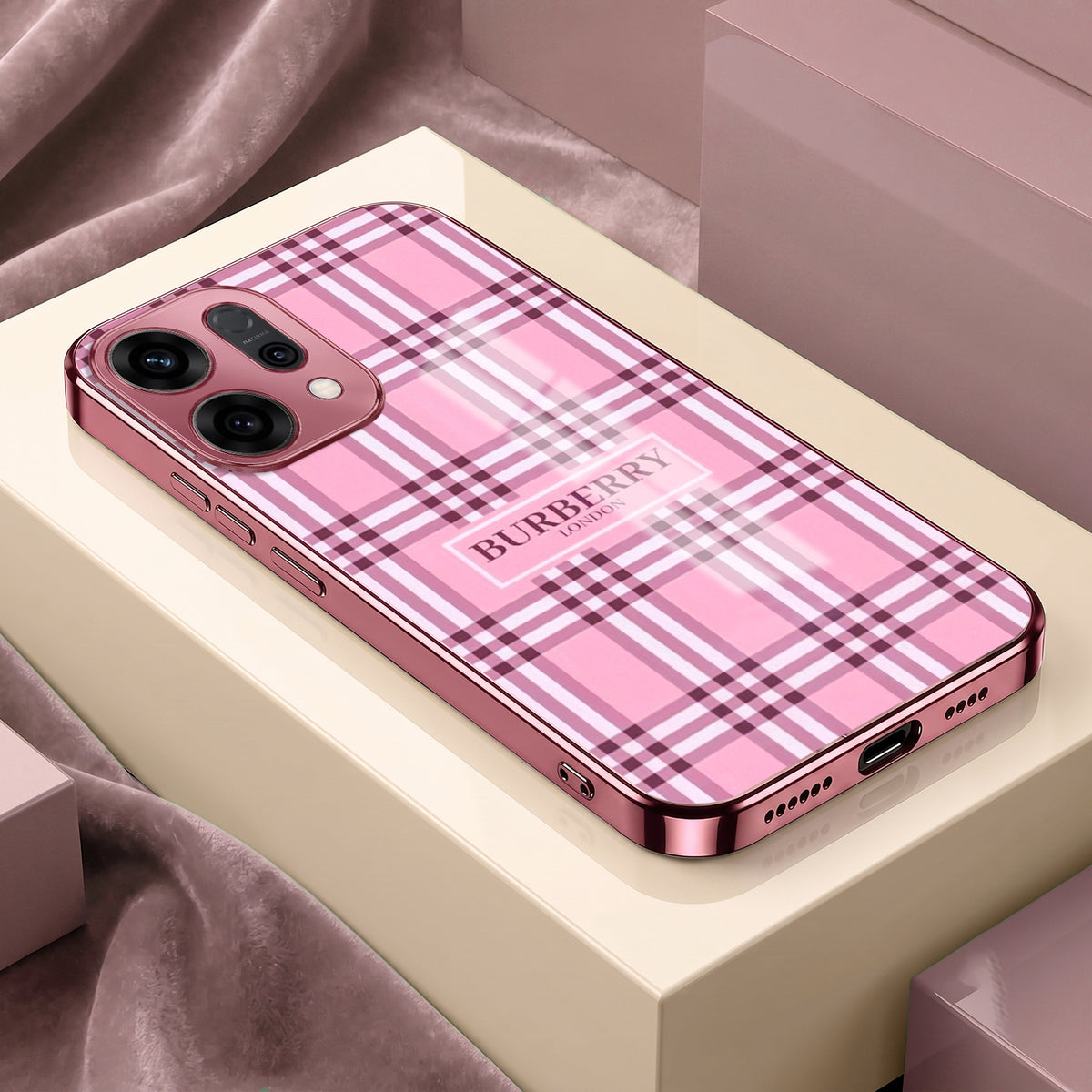 Oppo Reno 14 5G Burberry Classic Pink Electroplated Glass Phone Back Case
