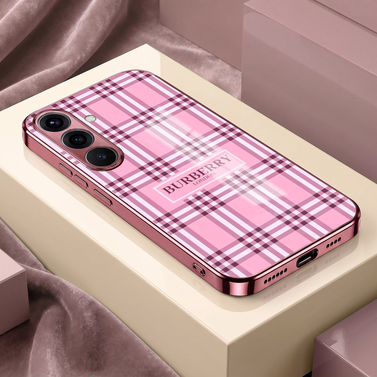 Samsung Galaxy A36 5G Burberry Classic Pink Electroplated Glass Phone Back Case