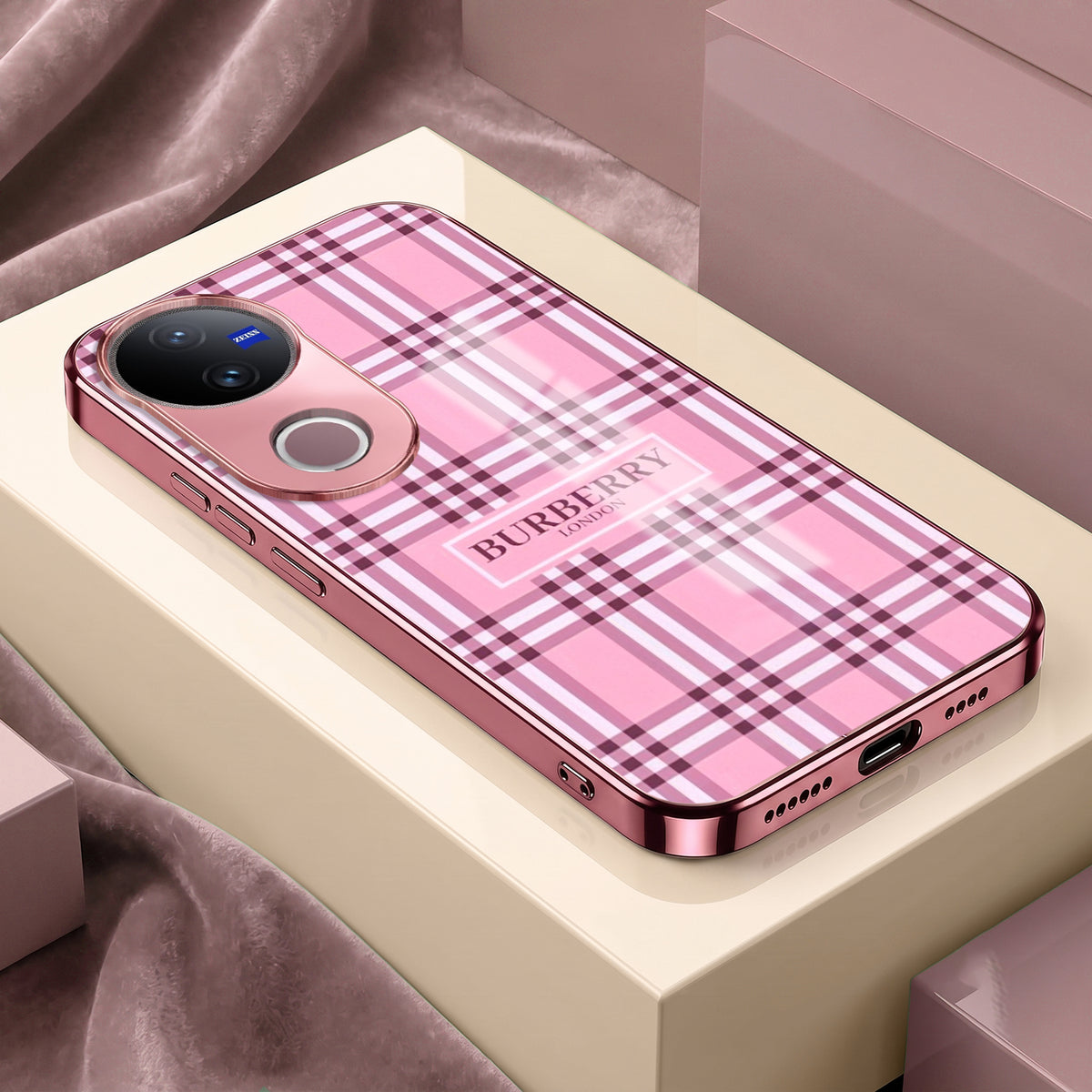 Vivo V50 5G Burberry Classic Pink Electroplated Glass Phone Back Case