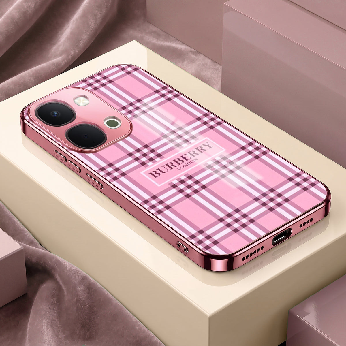 Vivo T5x 5G Burberry Classic Pink Electroplated Glass Phone Back Case