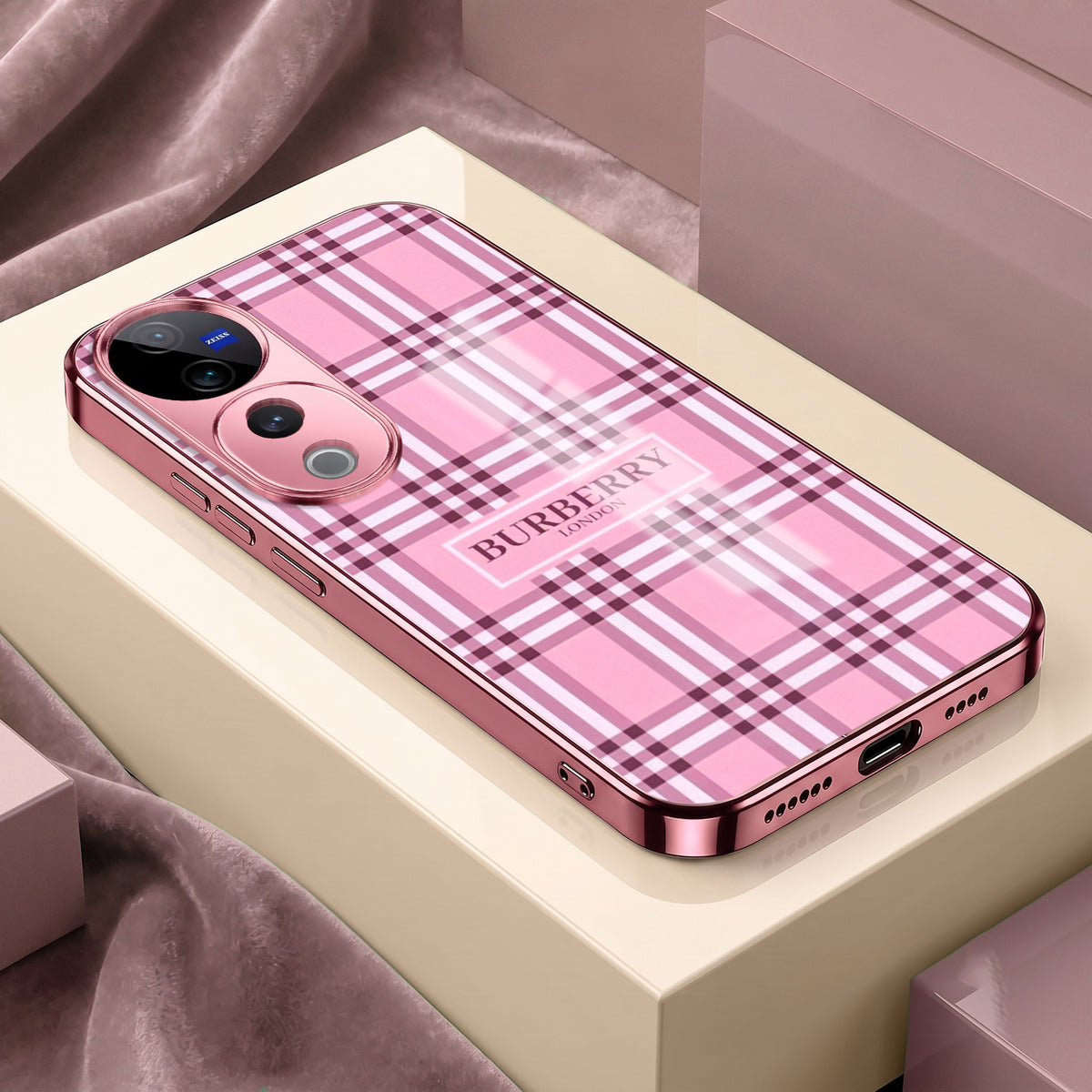Vivo V40 Pro 5G Burberry Classic Pink Electroplated Glass Phone Back Case