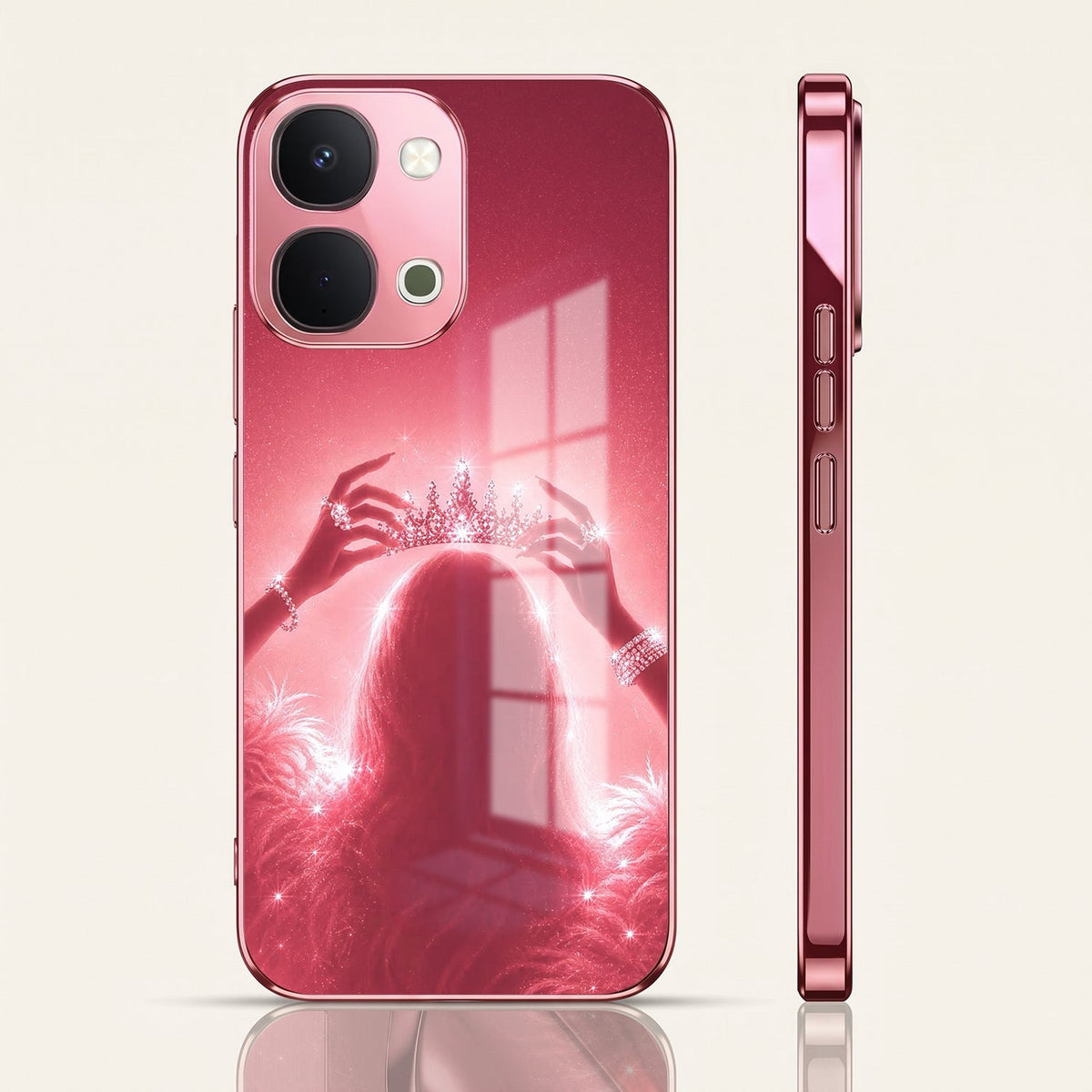Vivo T5x 5G Luxury Crown Queen Pink Electroplated Glass Phone Back Case