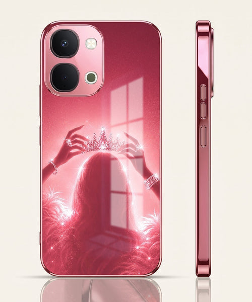 Vivo T5x 5G Luxury Crown Queen Pink Electroplated Glass Phone Back Case