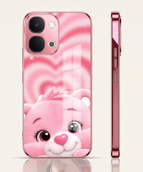 Vivo T5x 5G Luxury Cute Teddy Pink Electroplated Glass Phone Back Case