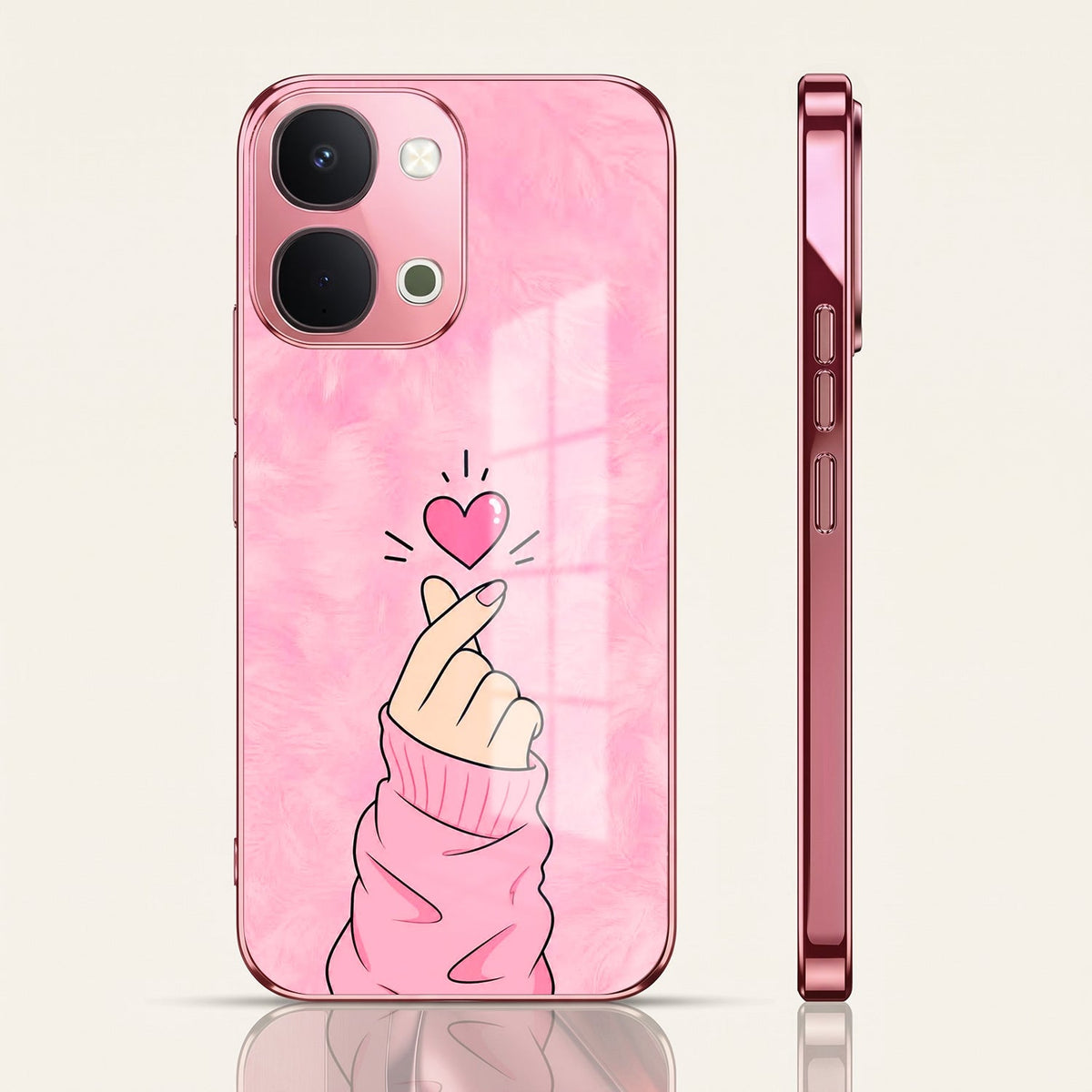 Vivo T5x 5G Luxury Heart Pink Electroplated Glass Phone Back Case