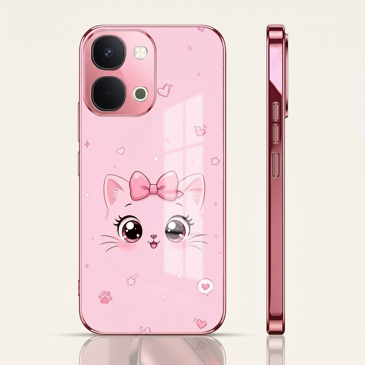 Vivo T5x 5G Luxury Cute Cat Pink Electroplated Glass Phone Back Case