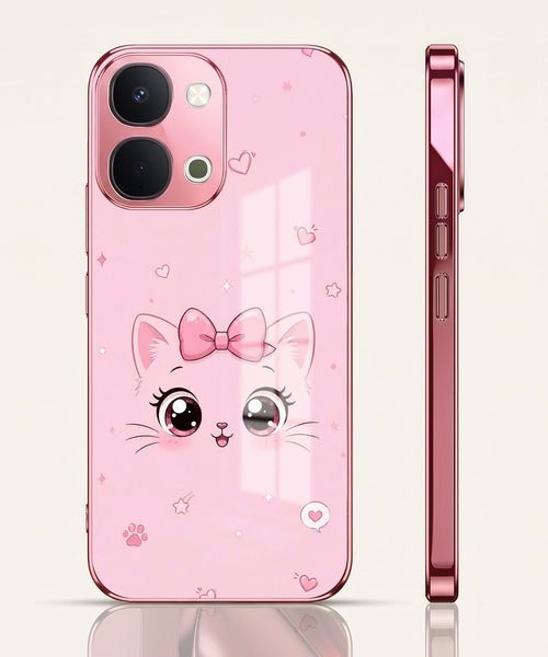 Vivo T5x 5G Luxury Cute Cat Pink Electroplated Glass Phone Back Case