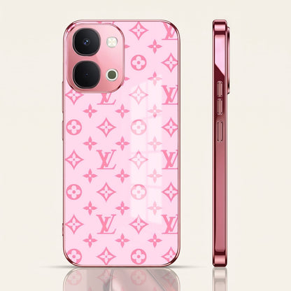 Vivo T5x 5G Luxury Monogram Pink Electroplated Glass Phone Back Case