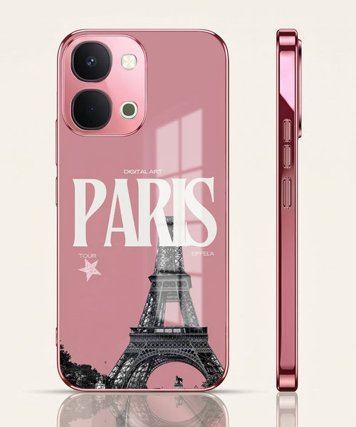 Vivo T5x 5G Luxury Paris Tower Pink Electroplated Glass Phone Back Case