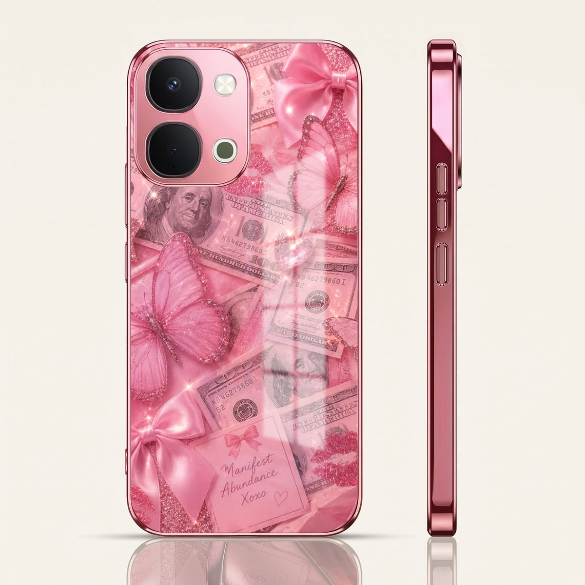 Vivo T5x 5G Luxury Dollar Butterfly Pink Electroplated Glass Phone Back Case