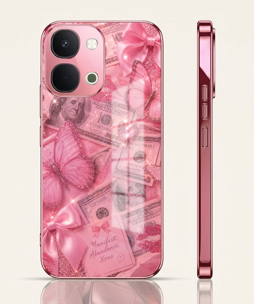 Vivo T5x 5G Luxury Dollar Butterfly Pink Electroplated Glass Phone Back Case