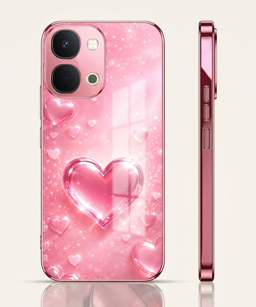 Vivo T5x 5G Luxury 3D Jelly Heart Pink Electroplated Glass Phone Back Case