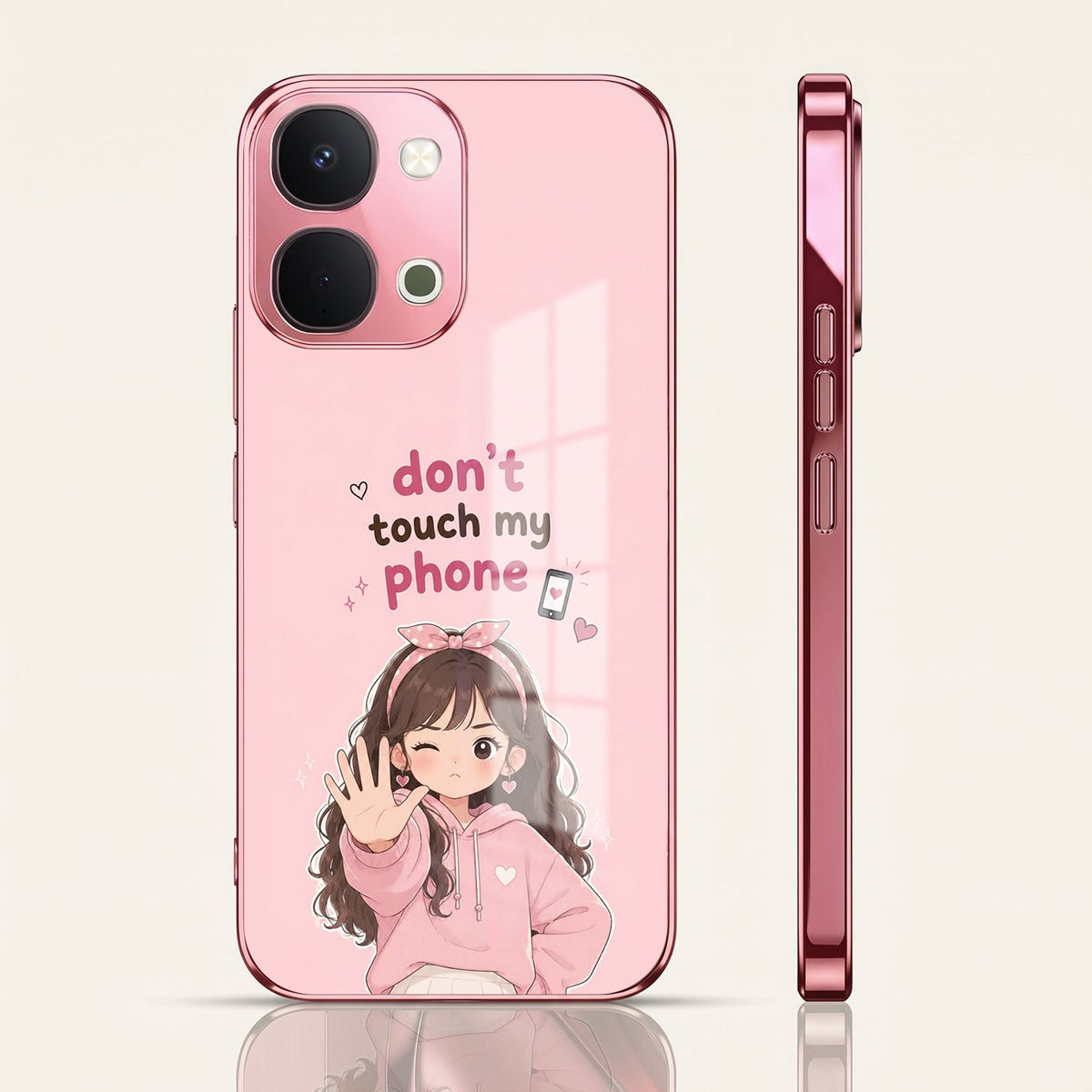 Vivo T5x 5G Luxury Anime Girl Pink Electroplated Glass Phone Back Case