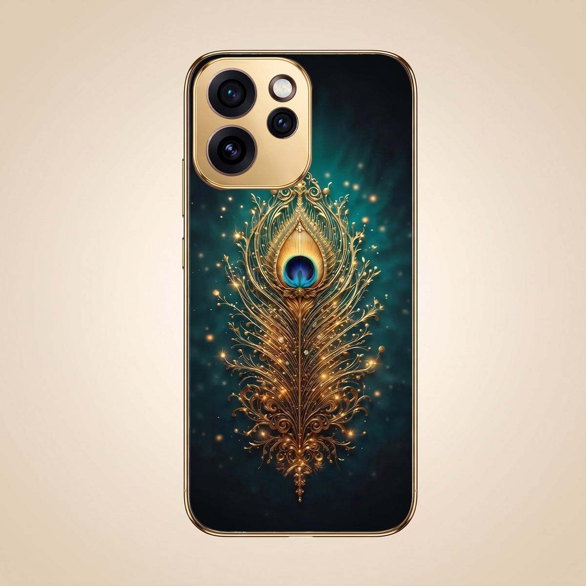Oppo Reno 15 Pro Mini 5G Golden Peacock Feather Gold Electroplated Glass Phone Back Case