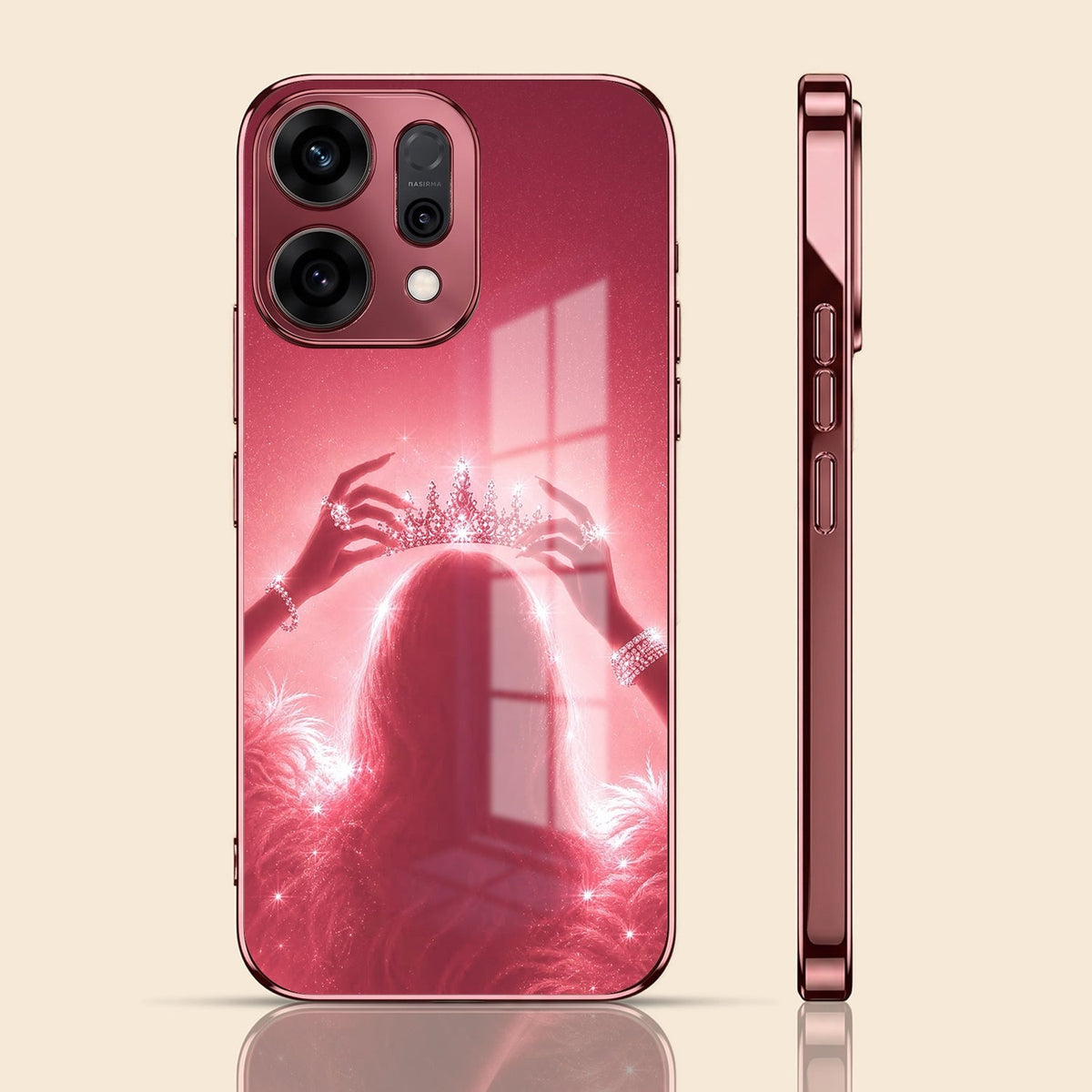 Oppo Reno 14 5G Luxury Crown Queen Pink Electroplated Glass Phone Back Case