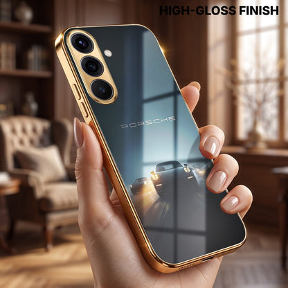 Samsung Galaxy A36 5G Porsche Luxury Gold Electroplated Glass Phone Back Case