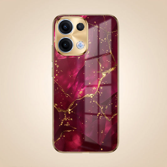 Oppo Reno 13 5G Luxury Crimson Marble Gold Electroplated Glass Phone Back Case