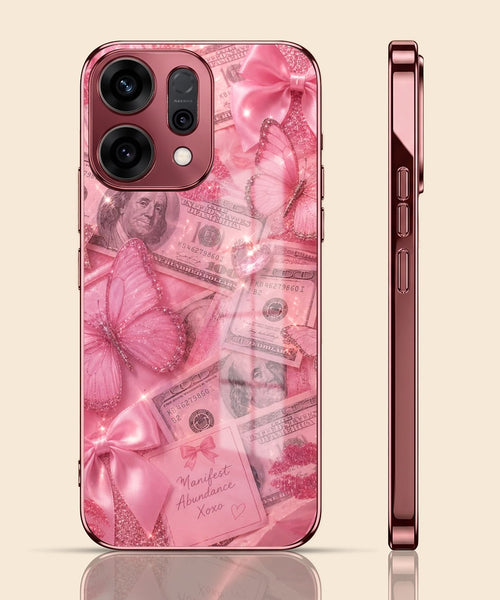 Oppo Reno 14 5G Luxury Dollar Butterfly Pink Electroplated Glass Phone Back Case