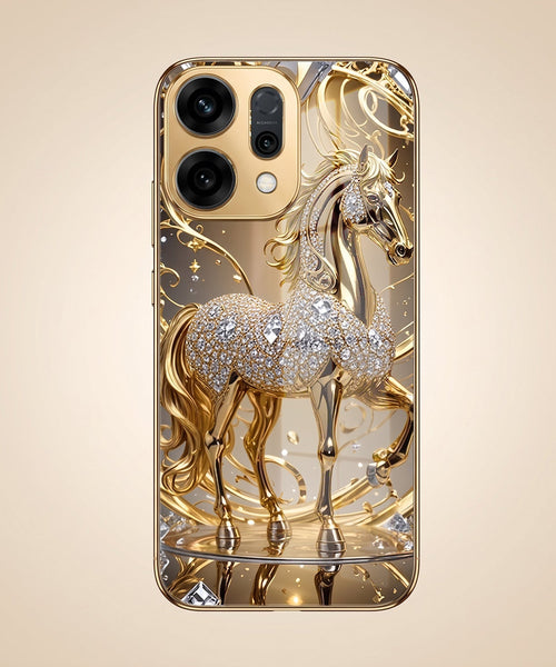 Oppo Reno 14 5G Luxury Horse Texture Gold Electroplated Glass Phone Back Case