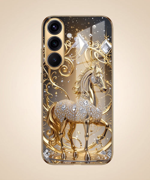 Samsung Galaxy A56 5G Luxury Horse Texture Gold Electroplated Glass Phone Back Case