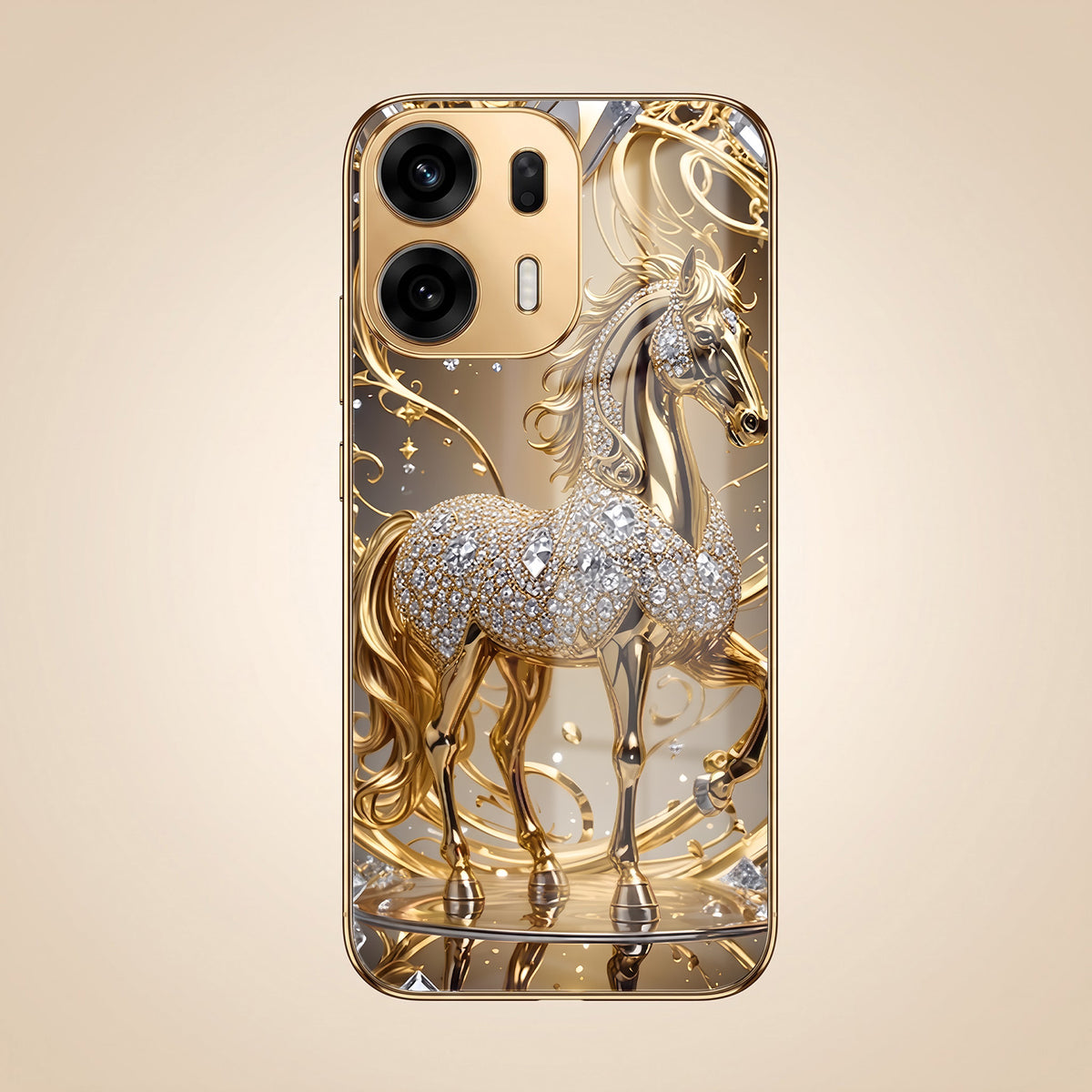Oppo K14 Plus 5G Luxury Horse Texture Gold Electroplated Glass Phone Back Case