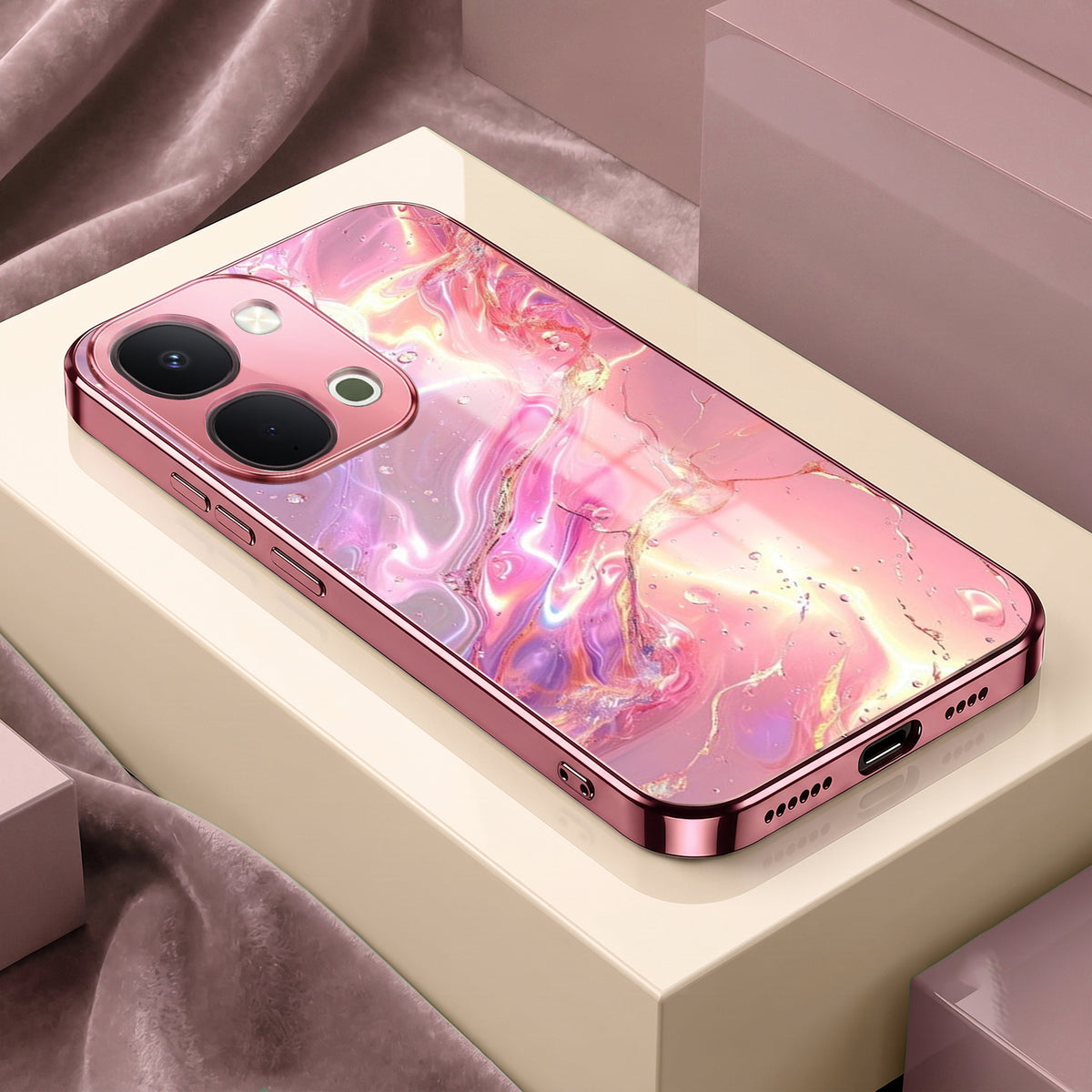 Vivo T5x 5G Pearl Aurora Pink Electroplated Glass Phone Back Case
