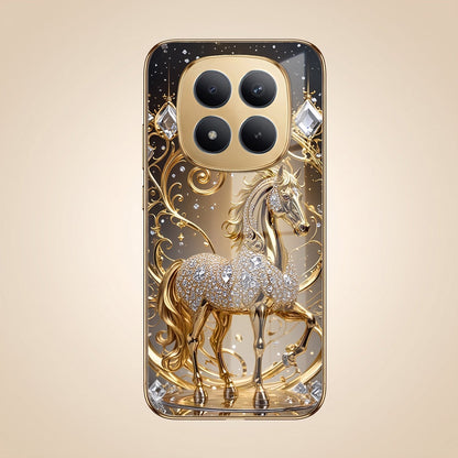 Redmi Note 15 Pro+ 5G Luxury Horse Texture Gold Electroplated Glass Phone Back Case