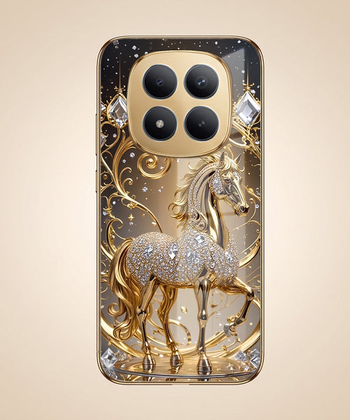 Redmi Note 15 Pro+ 5G Luxury Horse Texture Gold Electroplated Glass Phone Back Case