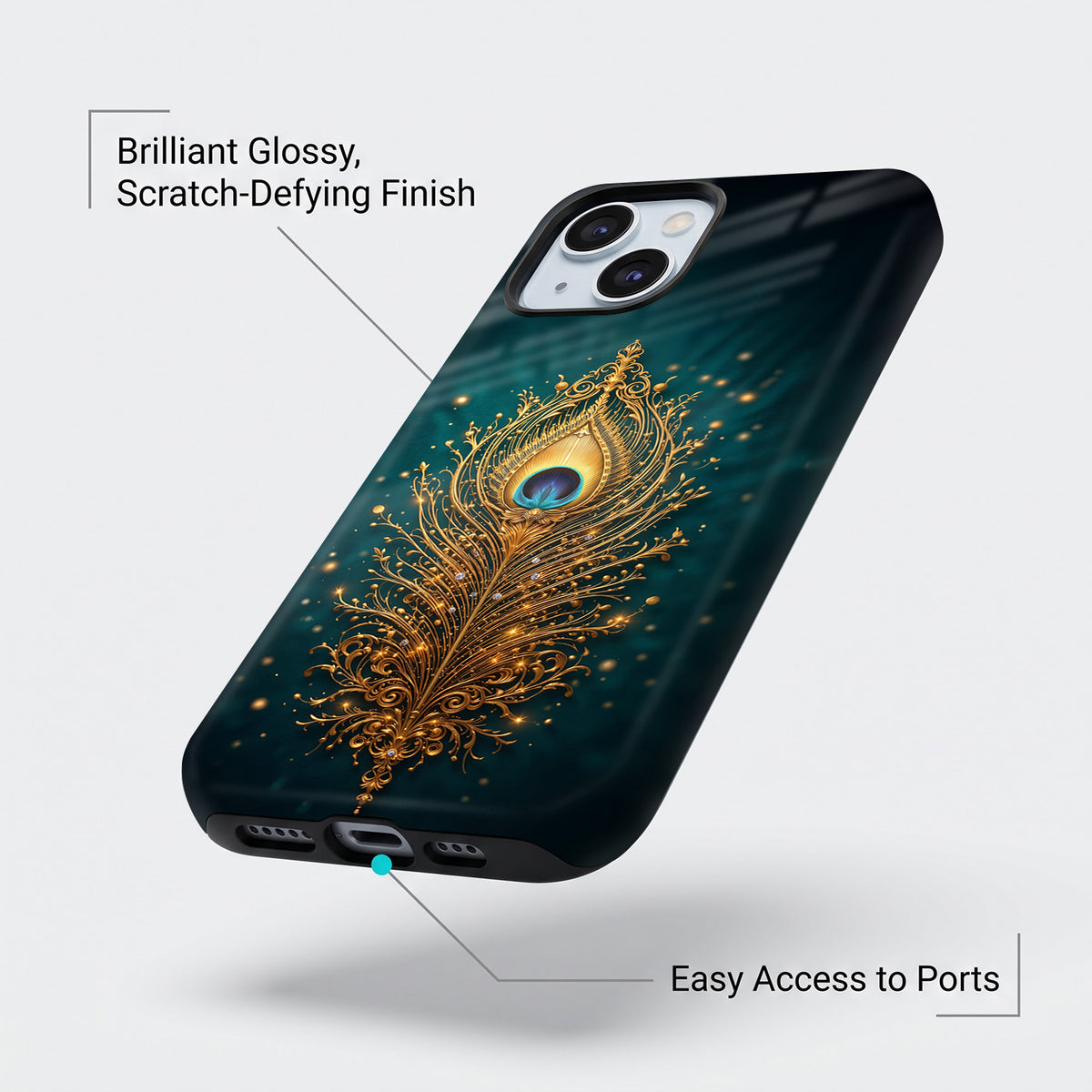 iPhone 15 5G Golden Peacock Feather Protective Case