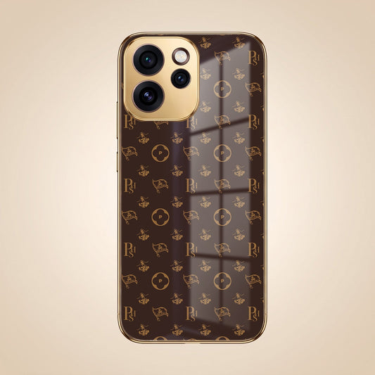 Oppo Reno 15 Pro Mini 5G Luxury Monogram Brown Gold Electroplated Glass Phone Back Case