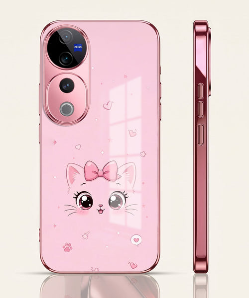 Vivo V40 Pro 5G Luxury Cute Cat Pink Electroplated Glass Phone Back Case
