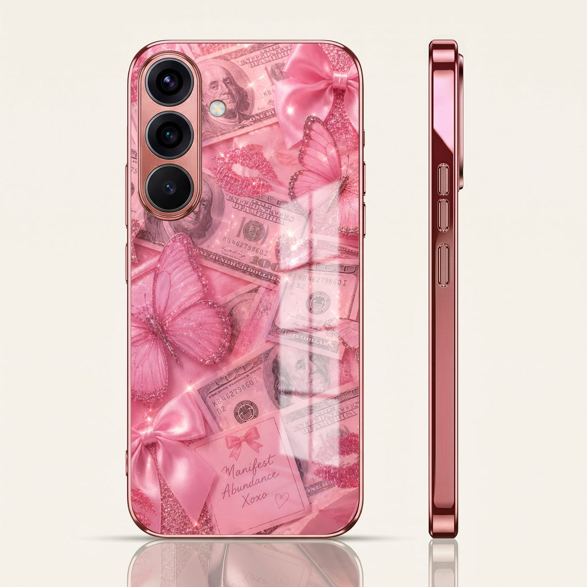 Samsung Galaxy A56 5G Luxury Dollar Butterfly Pink Electroplated Glass Phone Back Case