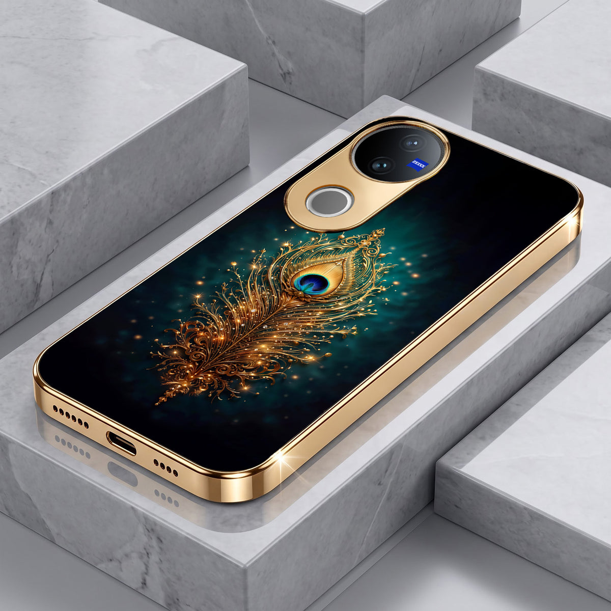 Vivo V50 5G Golden Peacock Feather Gold Electroplated Glass Phone Back Case