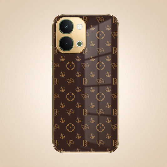 Vivo T5X 5G Luxury Monogram Brown Gold Electroplated Glass Phone Back Case