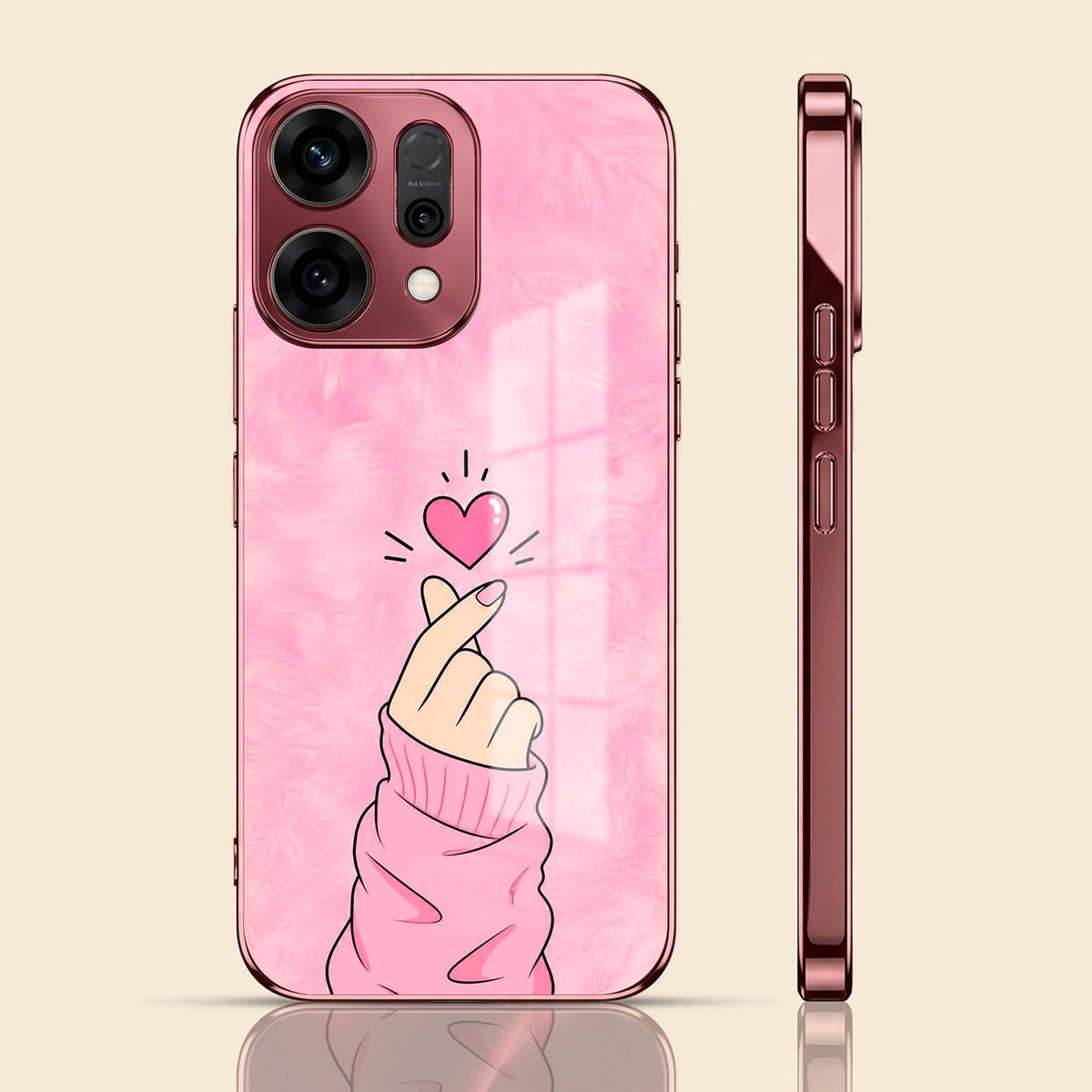 Oppo Reno 14 5G Luxury Heart Pink Electroplated Glass Phone Back Case