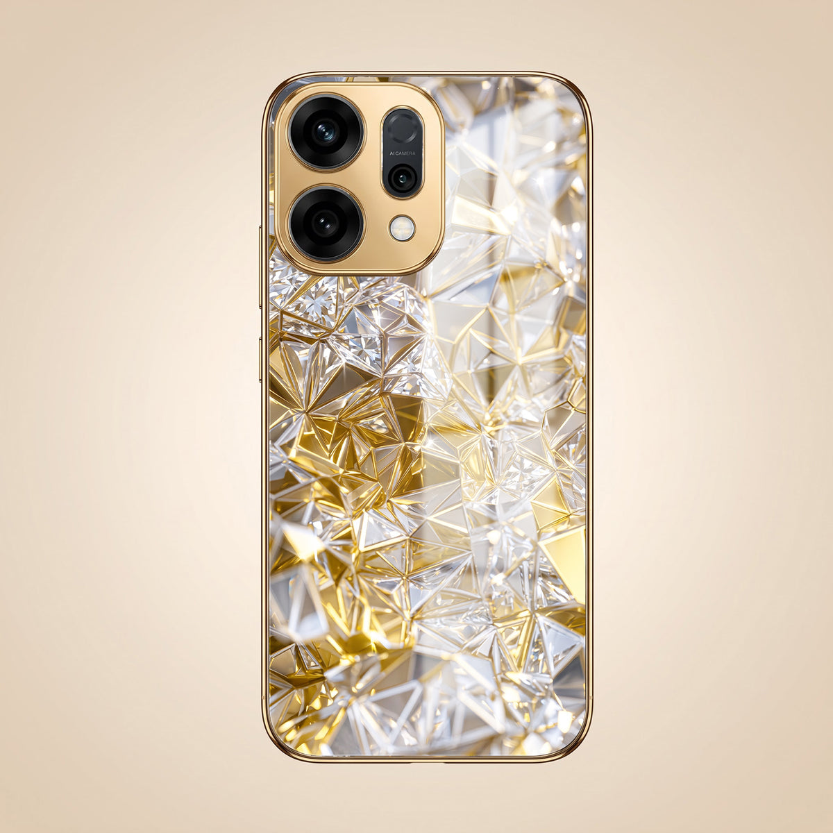 Oppo Reno 14 5G White Diamond Shatter Gold Electroplated Glass Phone Back Case
