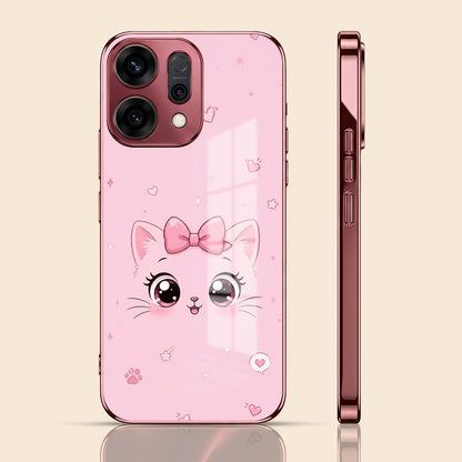 Oppo Reno 14 5G Luxury Cute Cat Pink Electroplated Glass Phone Back Case