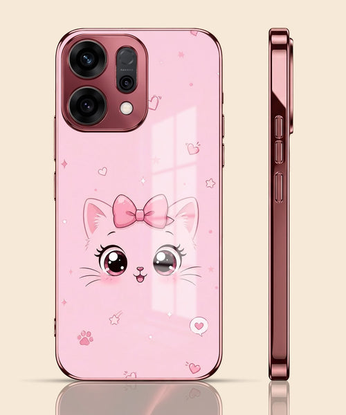 Oppo Reno 14 5G Luxury Cute Cat Pink Electroplated Glass Phone Back Case