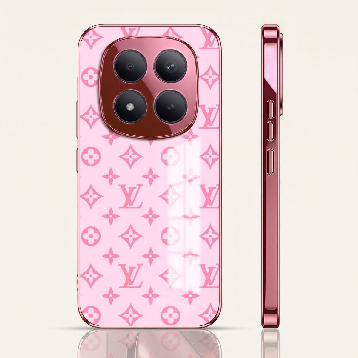Redmi Note 15 Pro+ 5G Luxury Monogram Pink Electroplated Glass Phone Back Case