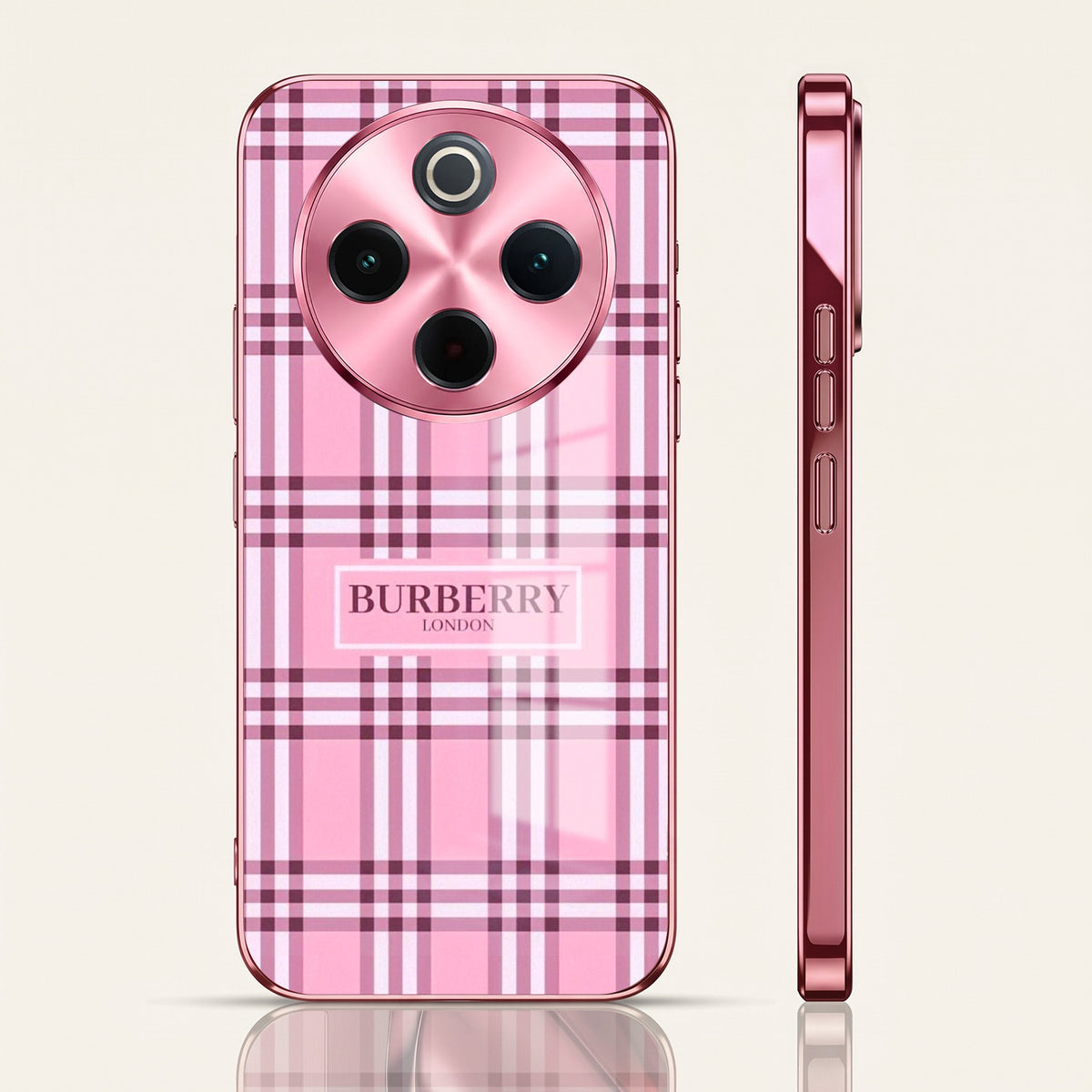 Vivo T4 5G Burberry Classic Pink Electroplated Glass Phone Back Case