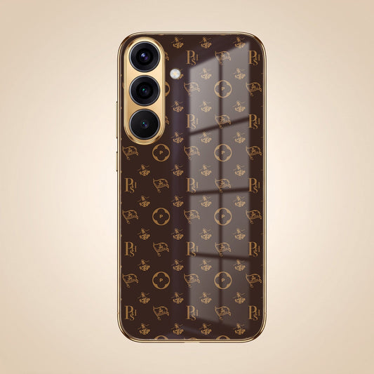 Samsung Galaxy A36 5G Luxury Monogram Brown Gold Electroplated Glass Phone Back Case