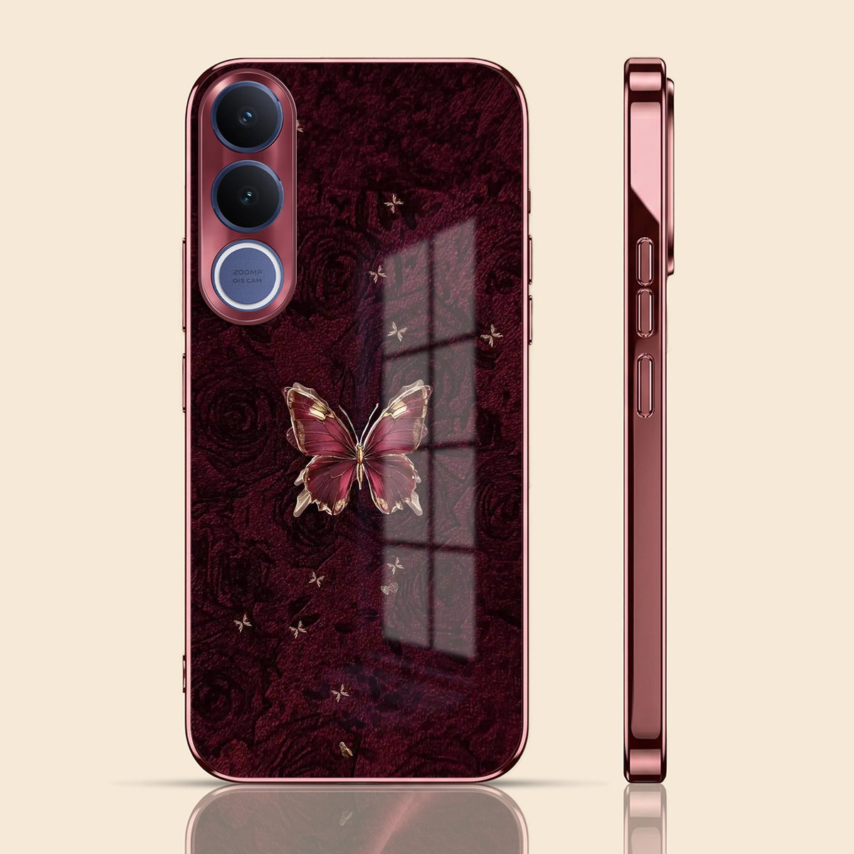 Vivo V70 FE 5G Butterfly Burgundy Electroplated Glass Back Case