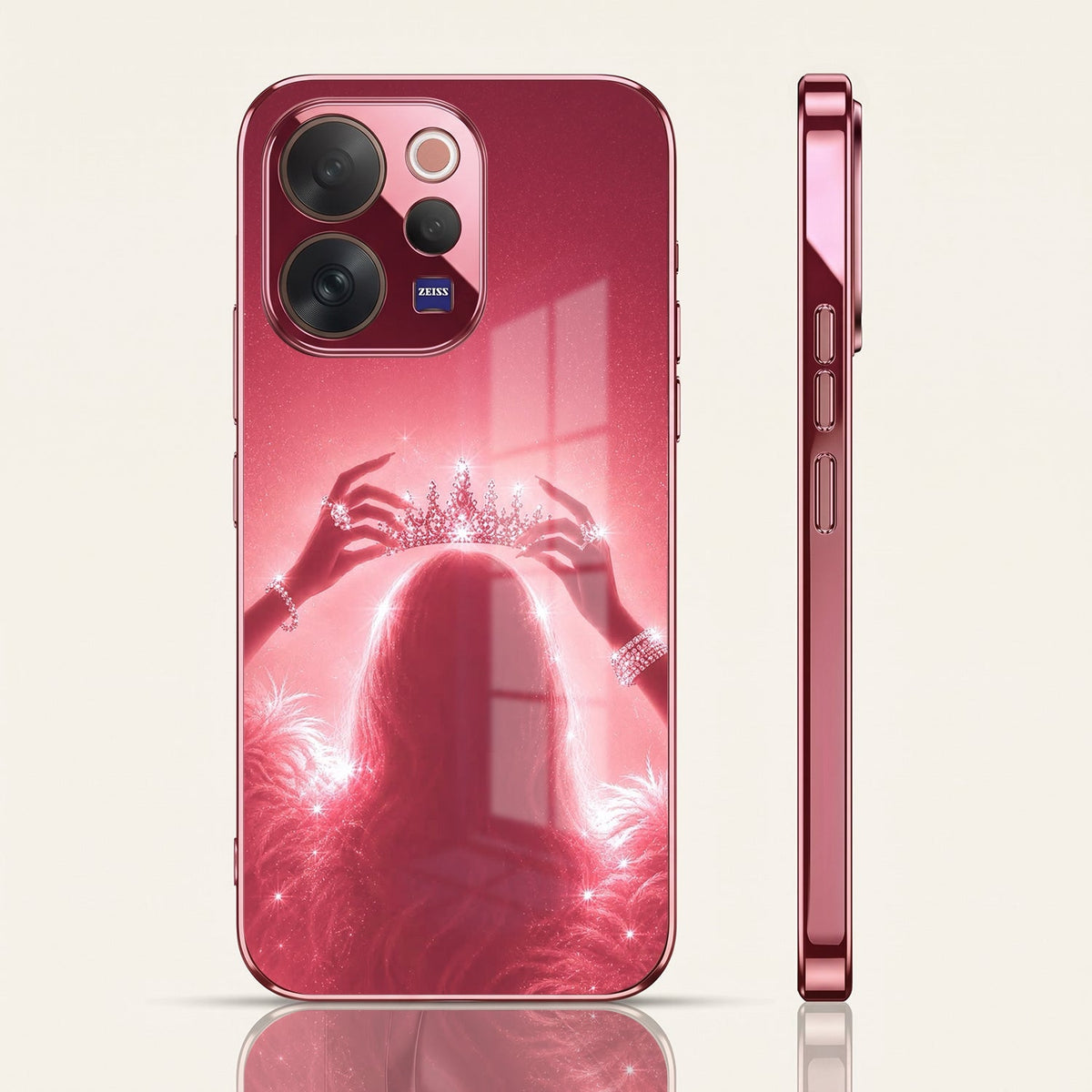 Vivo V70 5G Luxury Crown Queen Pink Electroplated Glass Phone Back Case