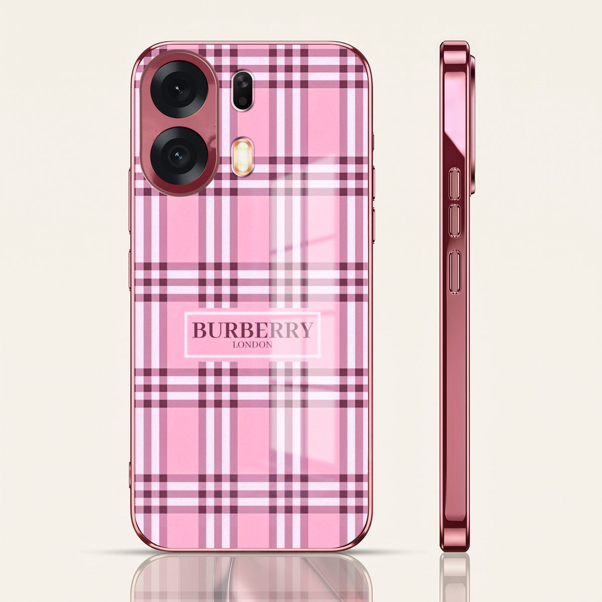 Oppo K14 Plus 5G Burberry Classic Pink Electroplated Glass Phone Back Case