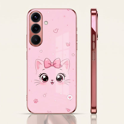 Samsung Galaxy A36 5G Luxury Cute Cat Pink Electroplated Glass Phone Back Case