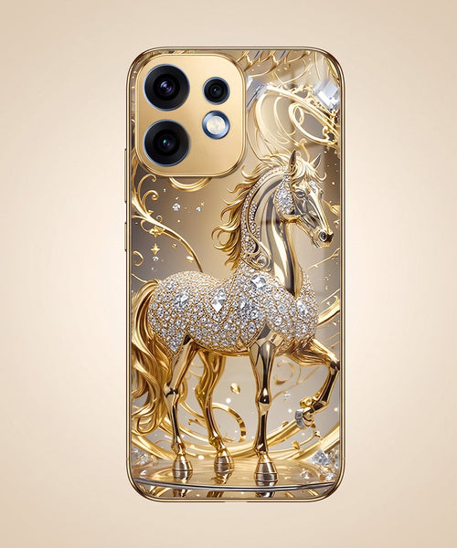 Oppo Reno 16 5G Luxury Horse Texture Gold Electroplated Glass Phone Back Case