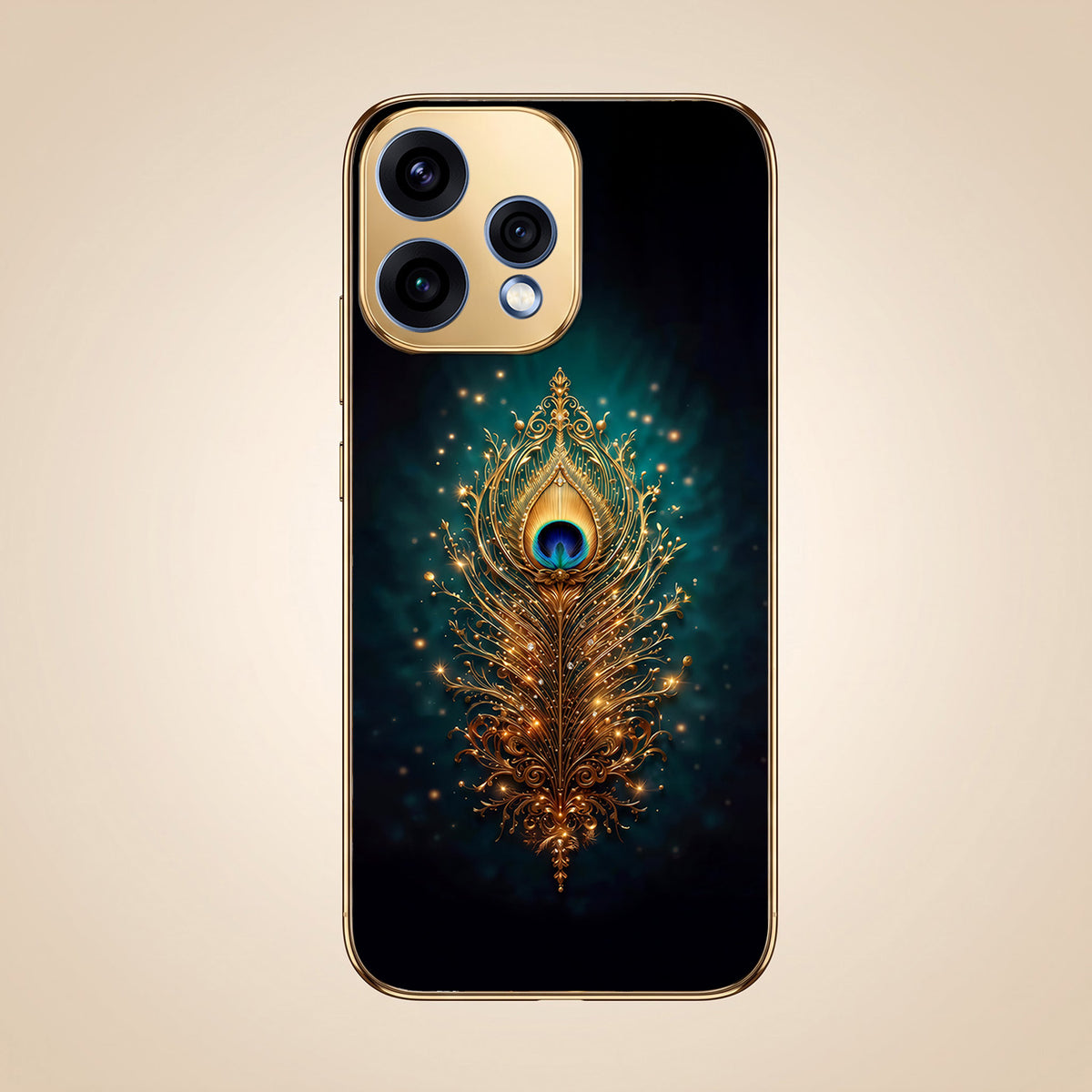 Oppo Reno 15 5G Golden Peacock Feather Gold Electroplated Glass Phone Back Case